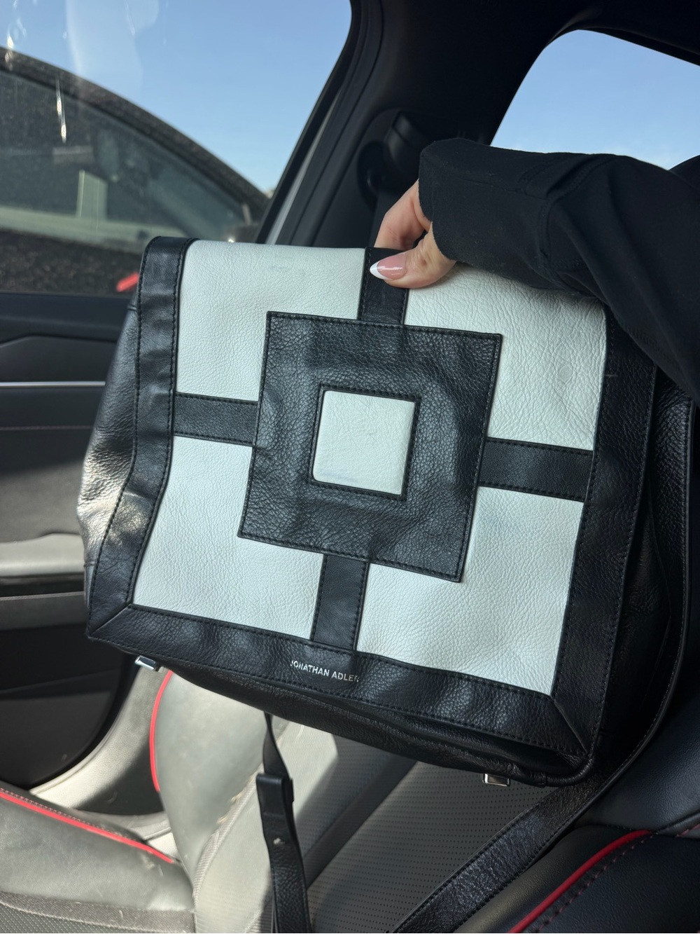 Jonathan Adler Black and White Geometric Leather Messenger Bag